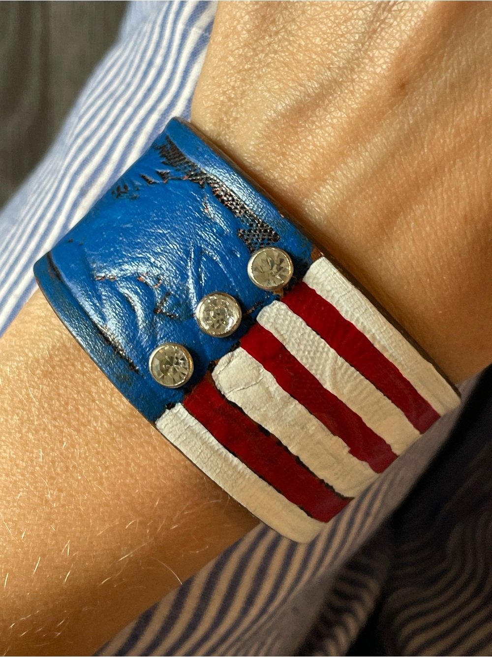 Patriotic Blue, Red & White Leather Cuff Bracelet
